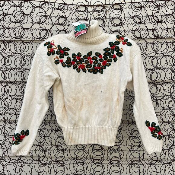 Vintage Ugly Christmas Holiday embroidered Holly and Ivy turtleneck sweater NWT - Picture 1 of 8